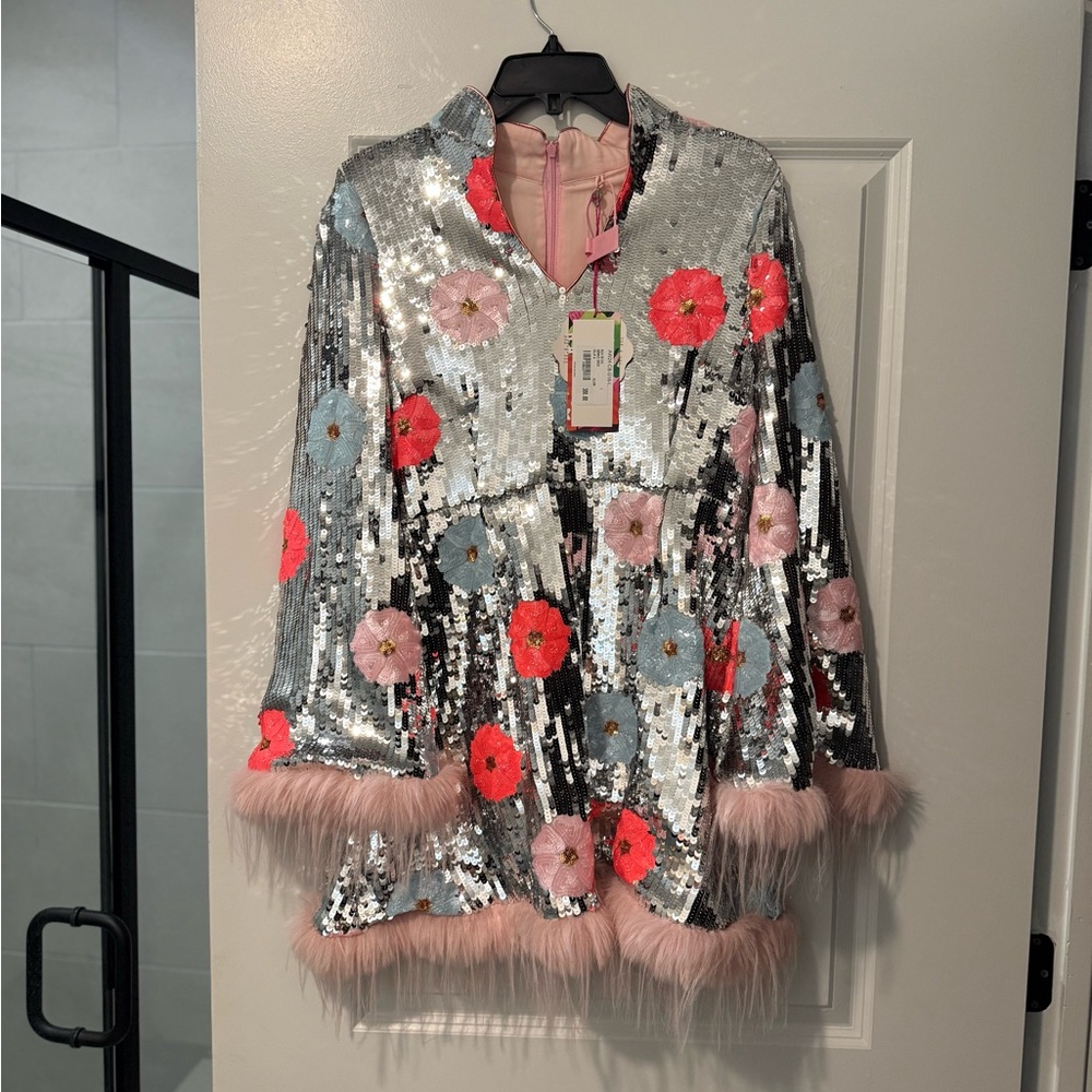 Celia B Geranie Dress Silver Sequin Floral Mini Dress with Pink Fur Trim